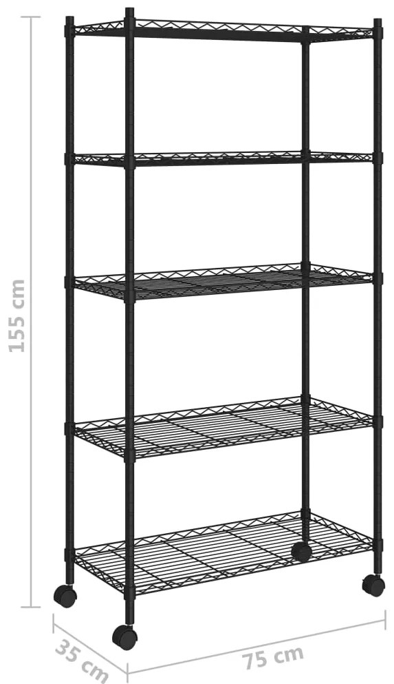 vidaXL Ραφιέρα 5 Επιπέδων με Τροχούς Μαύρη 75x35x155 εκ. 250 κ.