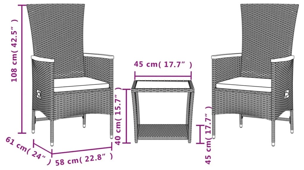 vidaXL Σετ Τραπεζαρίας Κήπου 3 τεμ. Μαύρο Συνθετικό Ρατάν με Μαξιλάρια
