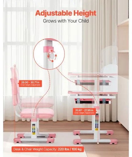 VEVOR Kids Study Chair and Desk with Bookshelf &amp; Drawer Adjustable Height Pink
