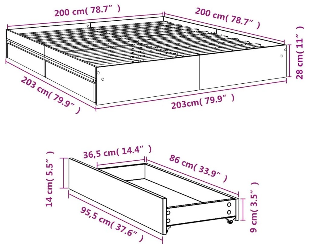 Πλαίσιο Κρεβατιού με συρτάρια Γκρι sonoma 200x200εκ. Επεξ. Ξύλο - Γκρι