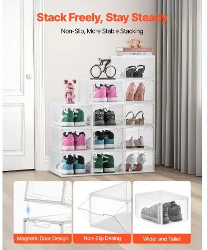 VEVOR Shoe Storage Boxes 12PCS Stackable Shoe Boxes US Size 13 Transparent White