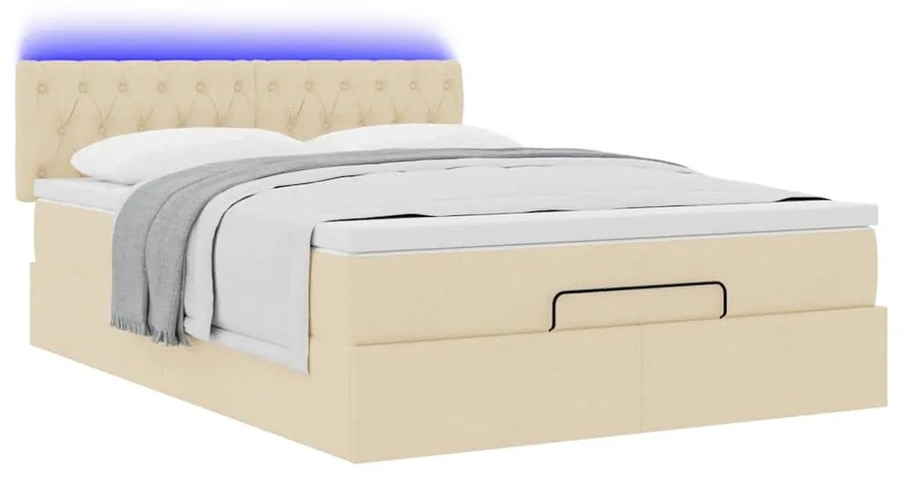 vidaXL Οθωμανικό κρεβάτι με στρώμα & LEDs Cream 140x190cm Ύφασμα