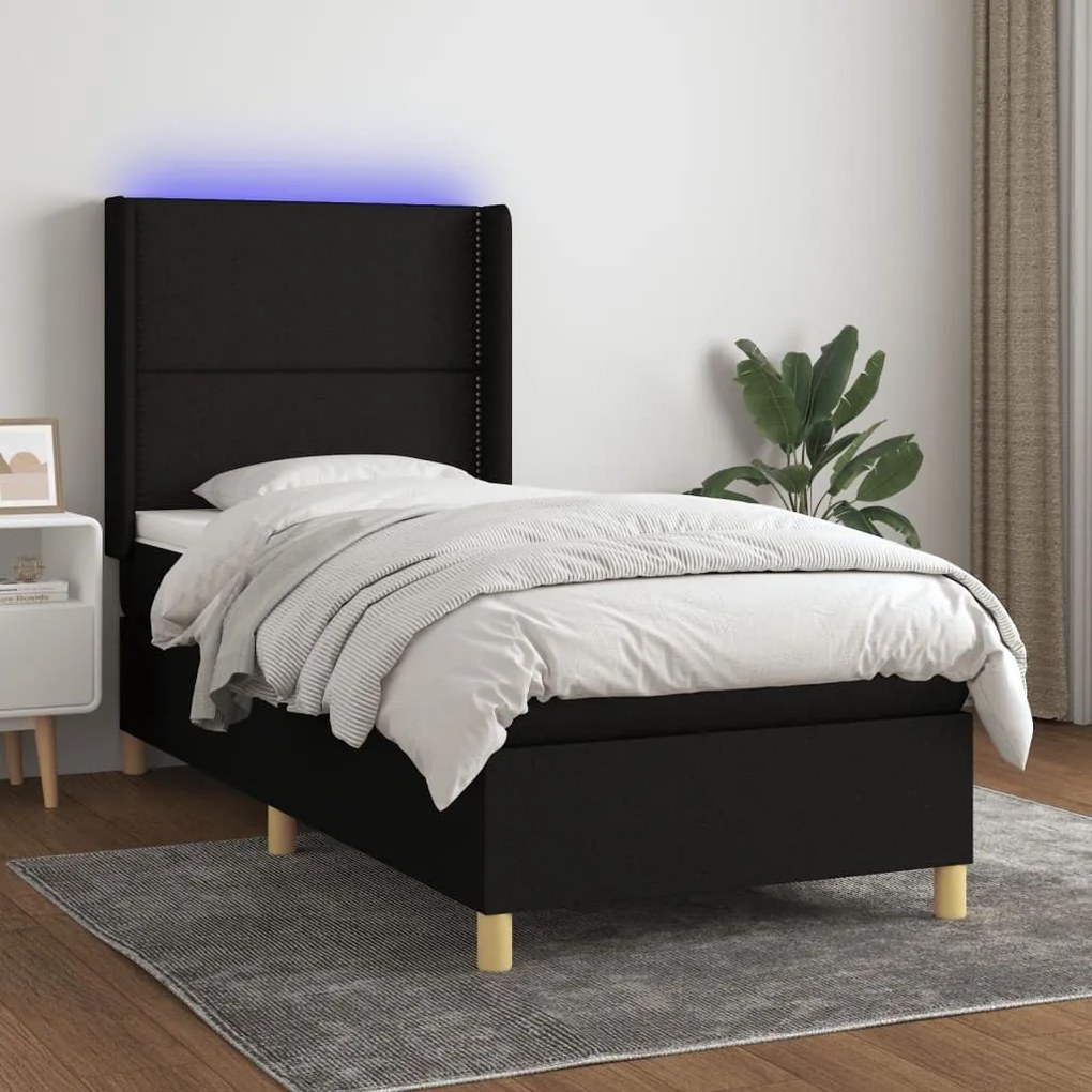 Κρεβάτι Boxspring με Στρώμα &amp; LED Μαύρο 90x200 εκ. Υφασμάτινο - Μαύρο