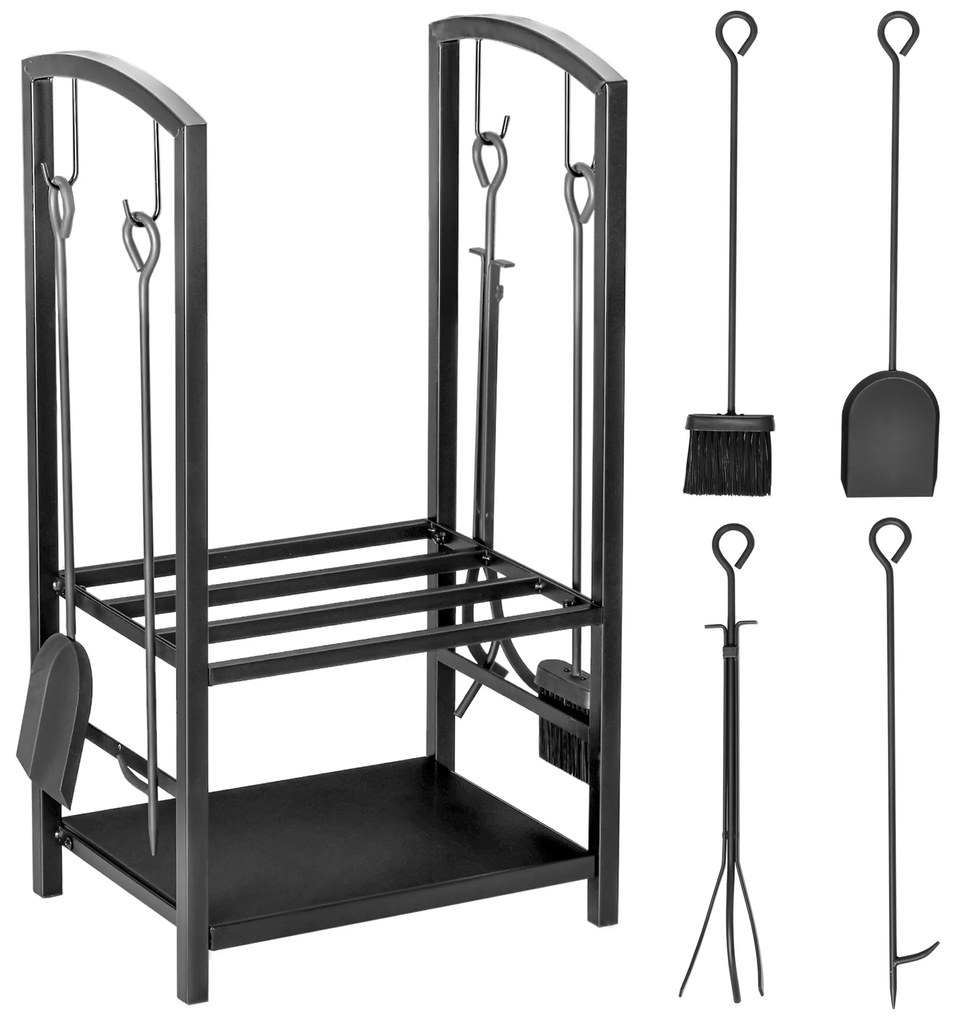 Outsunny Σταντ για Ξύλα Τζακιού, Ράφι Ξύλων, 2 Επίπεδα, Εργαλεία Τζακιού, έως 100 kg, Ατσάλι, Μαύρο, 40 x 30 x 74,5 cm