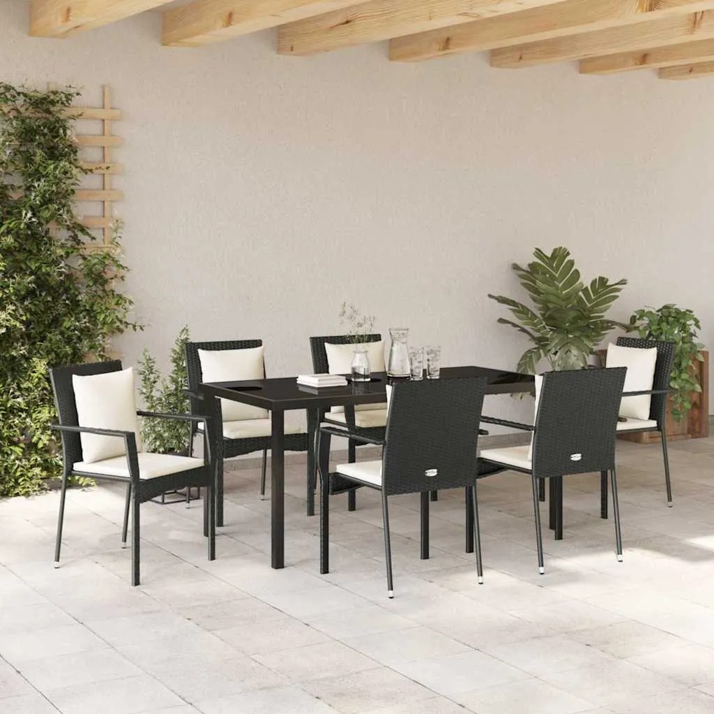 vidaXL Σέτ φαγητού για κήπο με μαξιλάρι 7 pcs Μαύρο Πολυ ράταν
