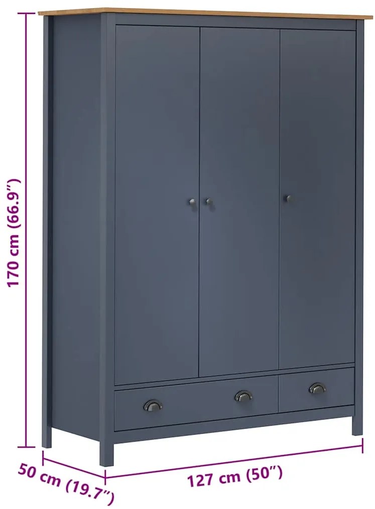 vidaXL Ντουλάπα Hill Τρίφυλλη Γκρι 127x50x170 εκ. Μασίφ Ξύλο Πεύκου