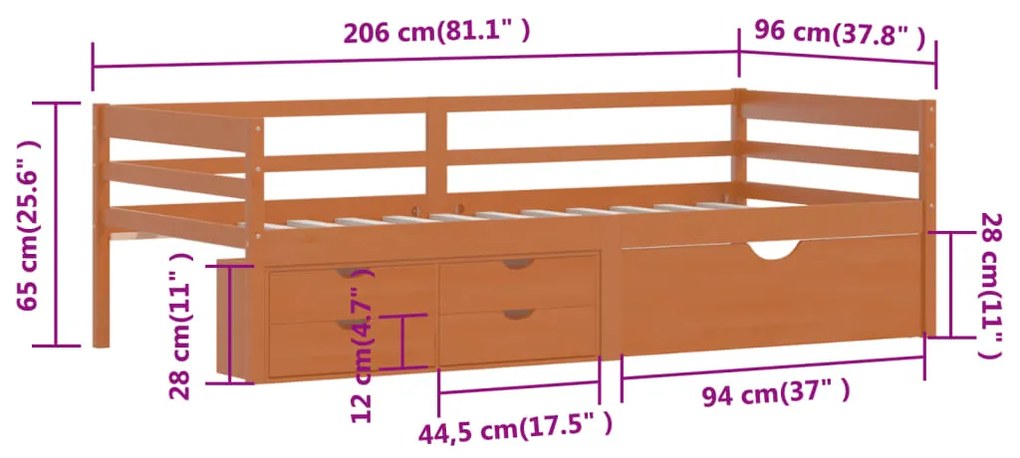 Πλαίσιο Κρεβ. 2 Συρτάρια &amp; Ντουλάπι Μελί 90x200εκ Ξύλο Πεύκου - Καφέ