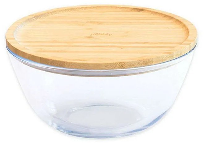 Δοχείο Φαγητού Στρογγυλό PKV-011 770ml 15x9cm Clear-Natural Pebbly Glass,Bamboo