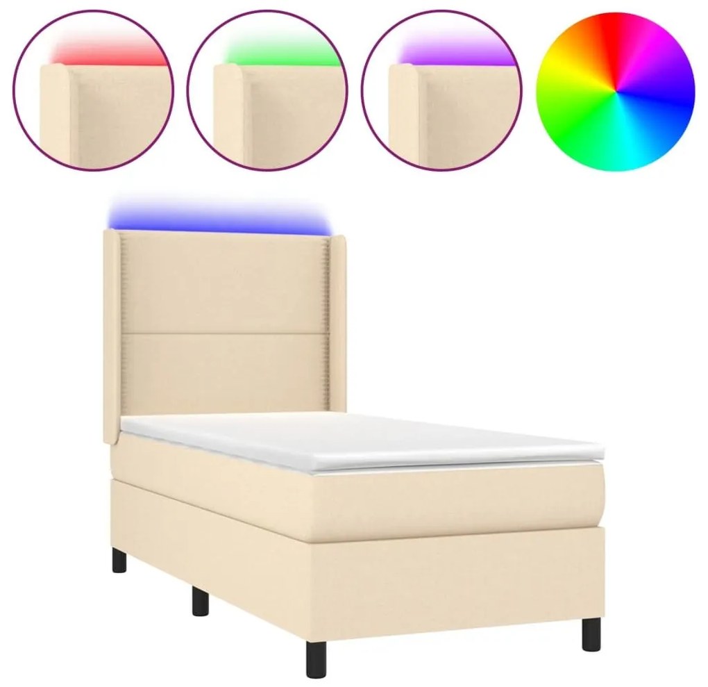 Κρεβάτι Boxspring με Στρώμα &amp; LED Κρεμ 90x190 εκ. Υφασμάτινο - Κρεμ