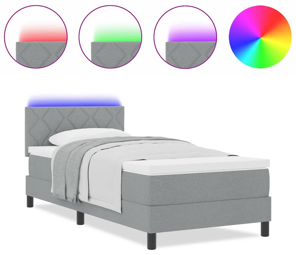 vidaXL Κρεβάτι Box Spring με Στρώμα & LED Ανοιχτό Γκρι 90x200 εκ Ύφασμα