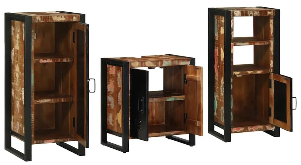 vidaXL Σετ Επίπλων Μπάνιου με ράφι 3 pcs Καφέ Στερεό Ανακτηθέν Ξύλο