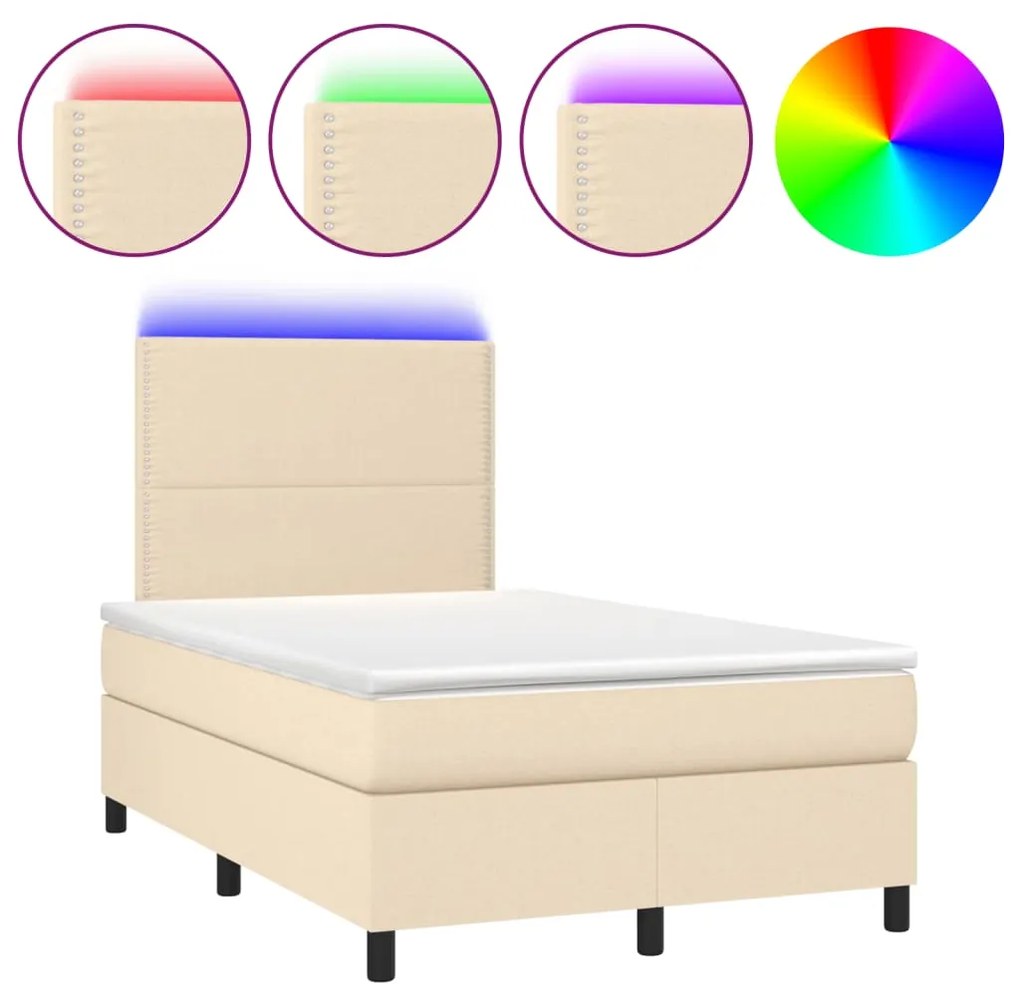 Κρεβάτι Boxspring με Στρώμα &amp; LED Κρεμ 120x190 εκ. Υφασμάτινο - Κρεμ