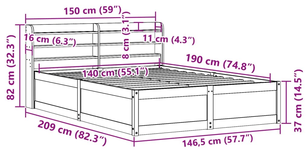 Πλαίσιο Κρεβατιού με Κεφαλάρι Λευκό 140 x 190 εκ. Μασίφ Πεύκο - Λευκό