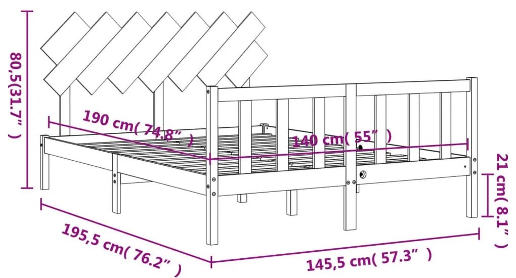 Πλαίσιο Κρεβατιού με Κεφαλάρι Μαύρο 140x190 εκ. Μασίφ Ξύλο - Μαύρο