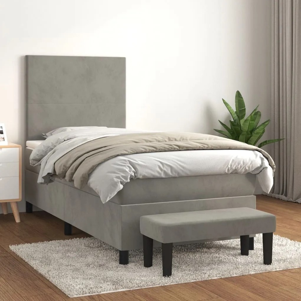 vidaXL Κρεβάτι Boxspring με Στρώμα Ανοιχτό Γκρι 90x190 εκ. Βελούδινο