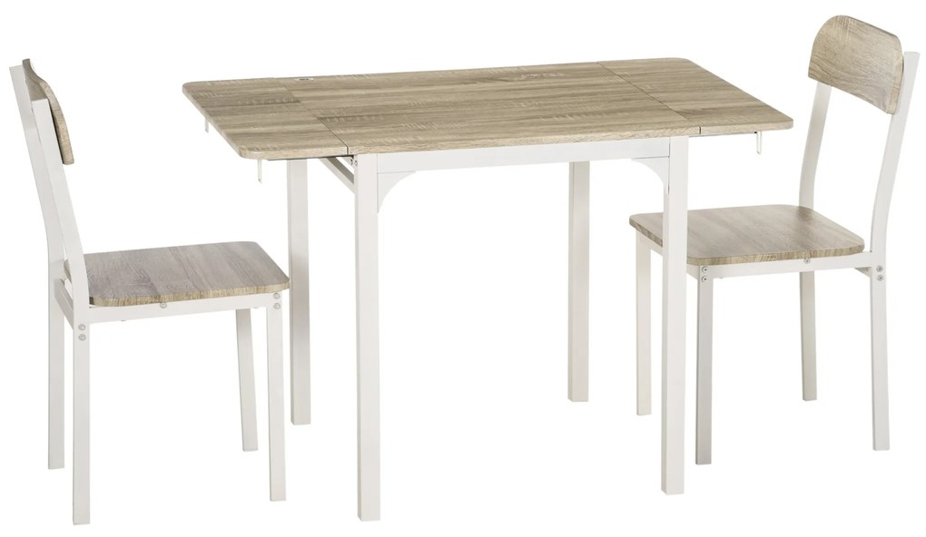 HOMCOM Σετ καθιστικού 2 τεμαχίων, Πτυσσόμενο τραπέζι τραπεζαρίας με 2 καρέκλες, Πτυσσόμενο τραπέζι, 110 cm x 70 cm x 75 cm, Λευκό + Φυσικό