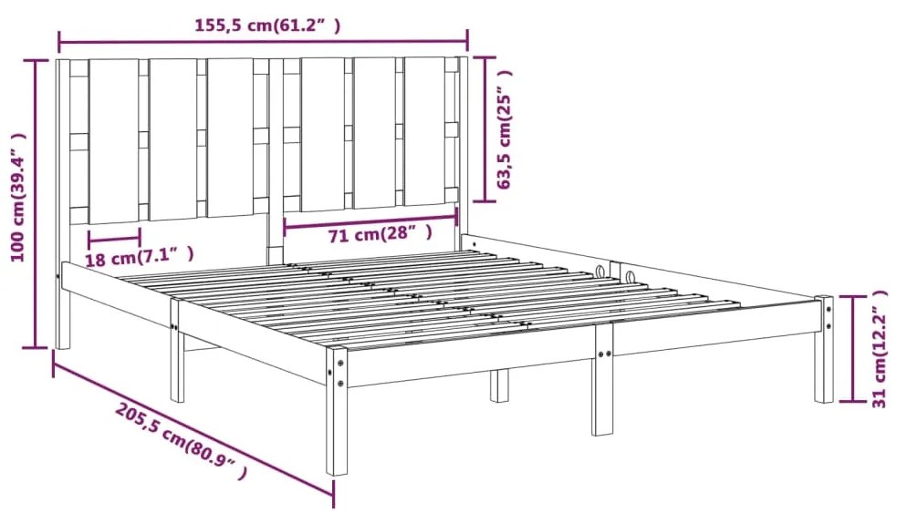 vidaXL Πλαίσιο Κρεβατιού Μαύρο 150 x 200 εκ. Μασίφ Ξύλο King Size