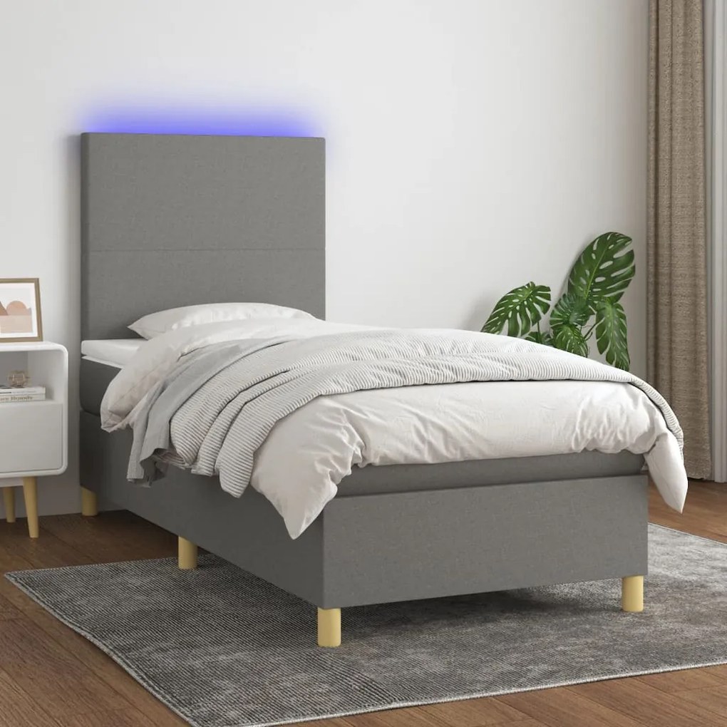 vidaXL Κρεβάτι Boxspring με Στρώμα & LED Σκ.Γκρι 90x190 εκ. Υφασμάτινο