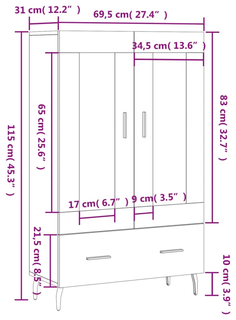 Ντουλάπα Γκρι Sonoma 69,5 x 31 x 115 εκ. από Επεξεργασμένο Ξύλο - Γκρι