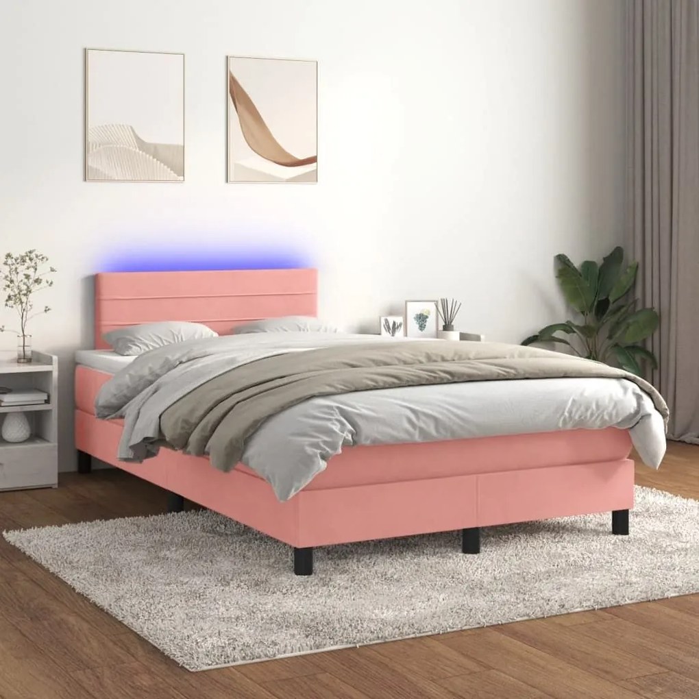 Κρεβάτι Boxspring με Στρώμα &amp; LED Ροζ 120x190 εκ. Βελούδινο - Ροζ