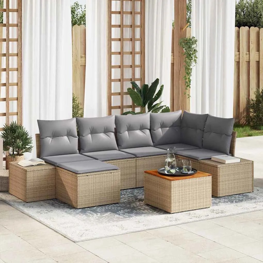 vidaXL Σετ Καναπέ Κήπου με μαξιλάρι 7 pcs Μπεζ Πολυ ράταν