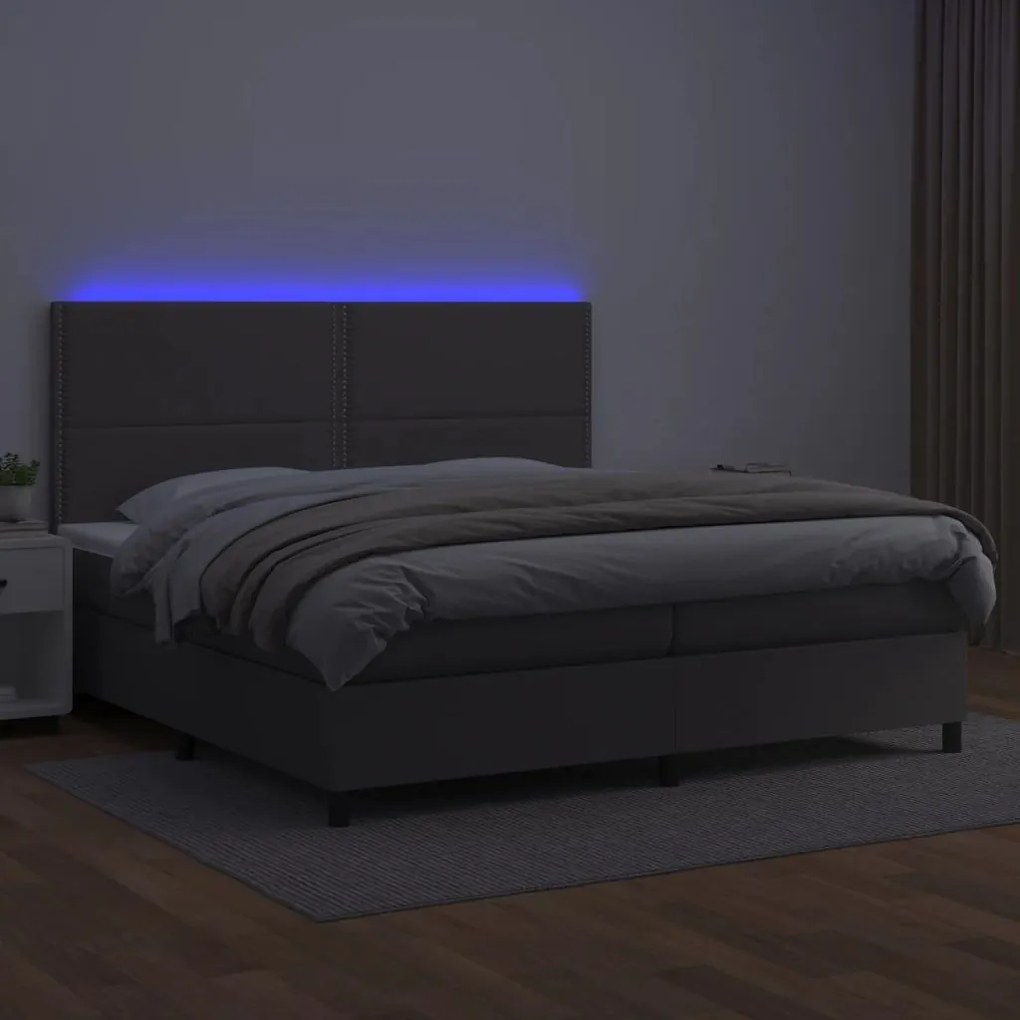 Κρεβάτι Boxspring με Στρώμα &amp; LED Γκρι 200x200 εκ. Συνθ. Δέρμα - Γκρι