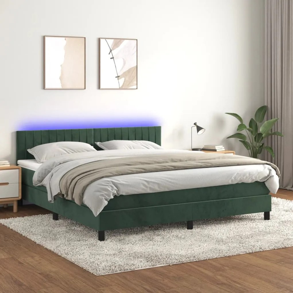 vidaXL Κρεβάτι Boxspring με Στρώμα &amp; LED Σκ. Πράσινο 160x200εκ Βελούδο