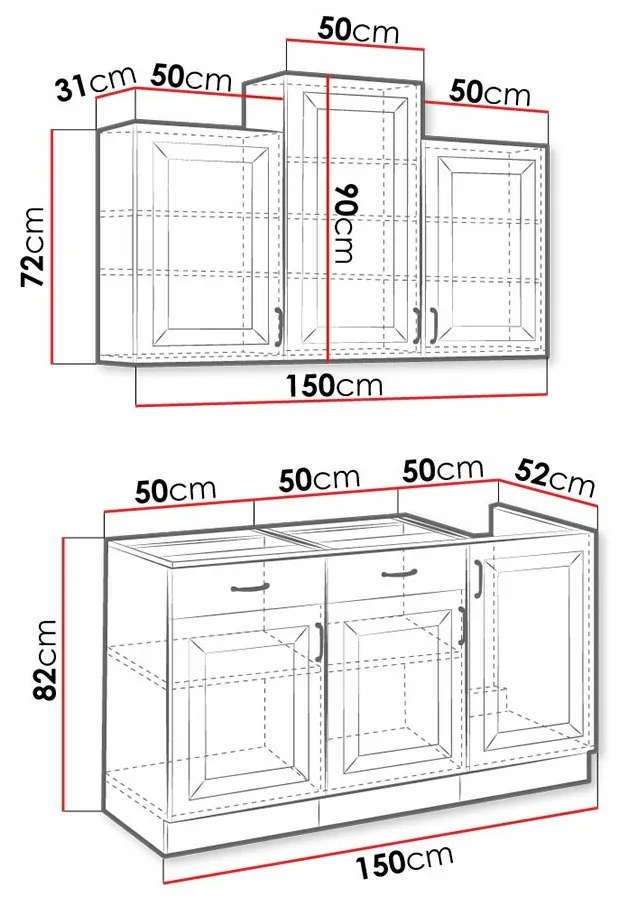 Σετ κουζίνας Retro 110, 150x52cm, Ινοσανίδες μέσης πυκνότητας, Πλαστικοποιημένη μοριοσανίδα | Epipla1.gr