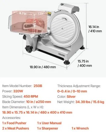 VEVOR Commercial Meat Slicer, 320W Electric Deli Slicer Machine with 250 mm Sharp Blade, Meat-Slicer with 450 RPM Slicing Speed, 0-10 mm Adjustable Thickness, for Frozen Meat, Ham, Baguett &amp; Steak
