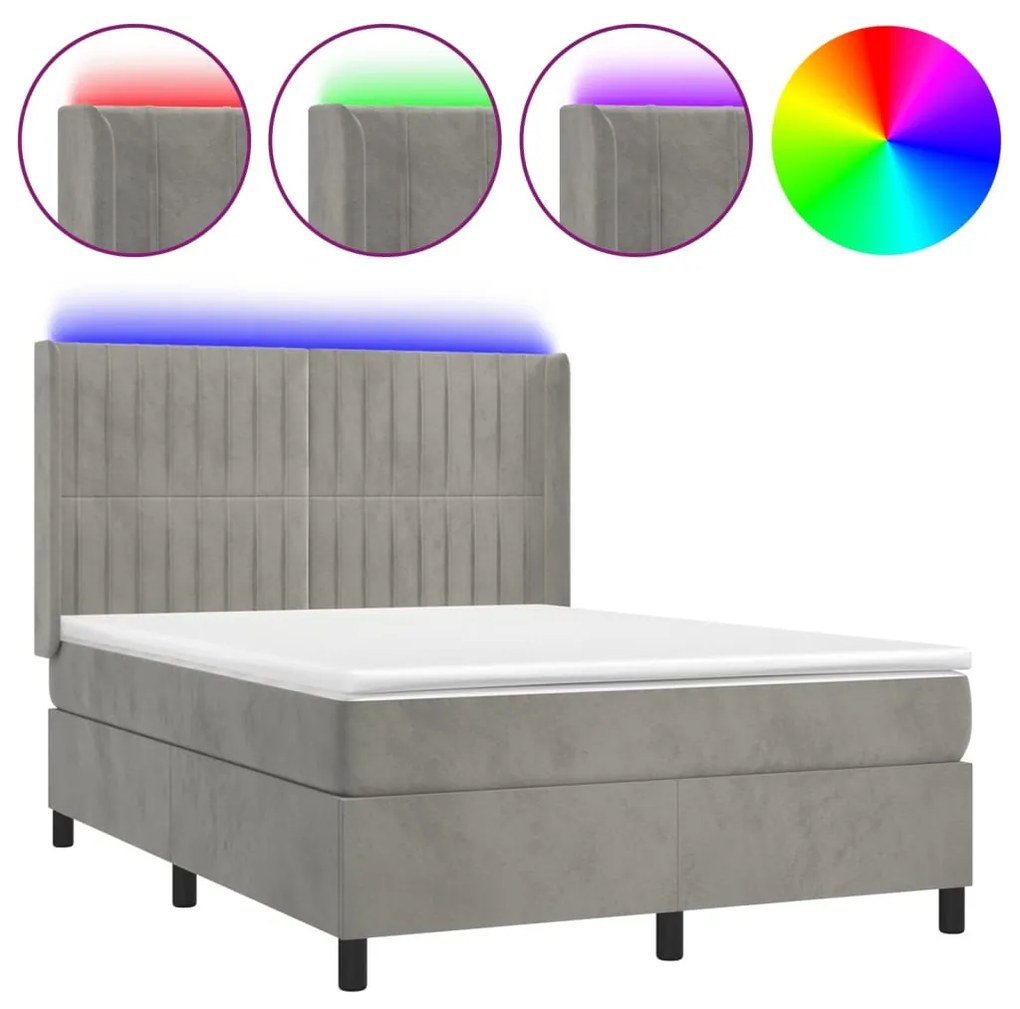 Κρεβάτι Boxspring με Στρώμα&amp;LED Αν. Γκρι 140x190 εκ. Βελούδινο - Γκρι