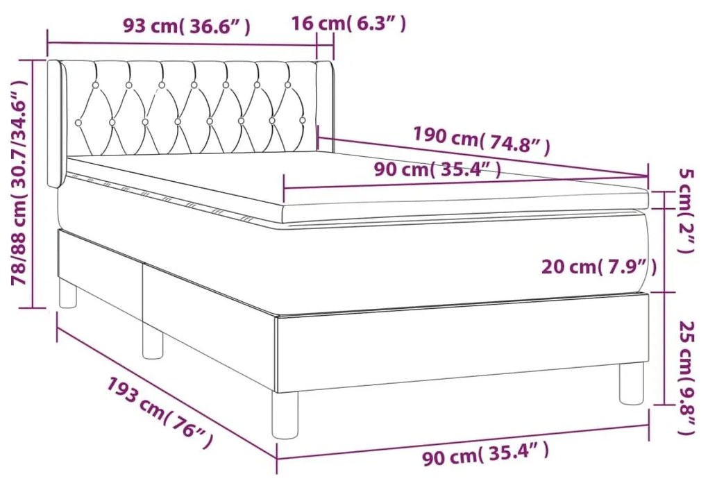 Κρεβάτι Boxspring με Στρώμα Σκούρο Γκρι 90x190 εκ. Υφασμάτινο - Γκρι