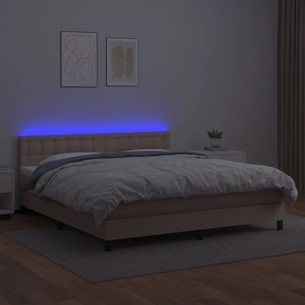 Κρεβάτι Boxspring Στρώμα&amp;LED Καπουτσίνο 180x200 εκ. Συνθ. Δέρμα - Καφέ