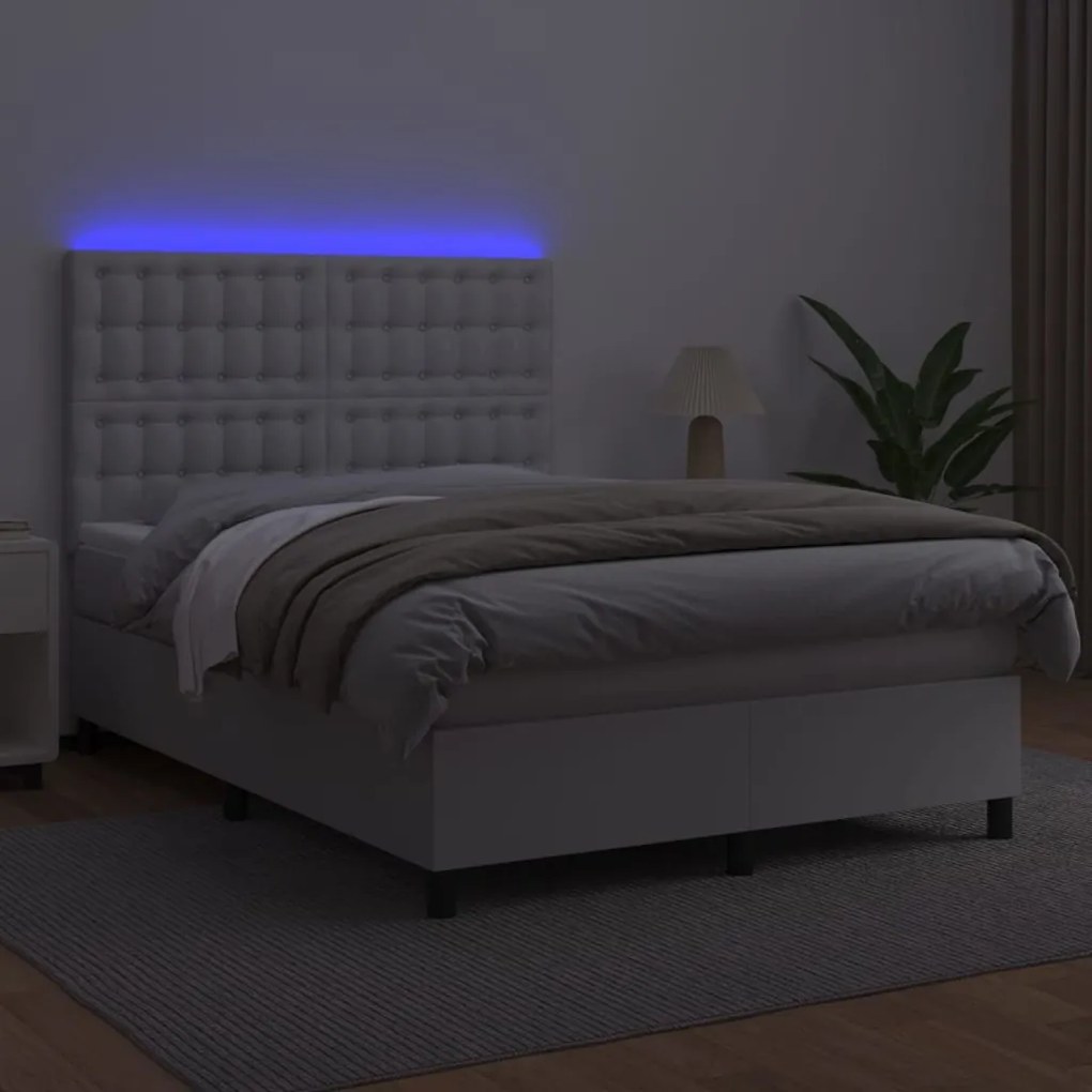 Κρεβάτι Boxspring με Στρώμα &amp; LED Λευκό 140x200 εκ. Συνθ. Δέρμα - Λευκό