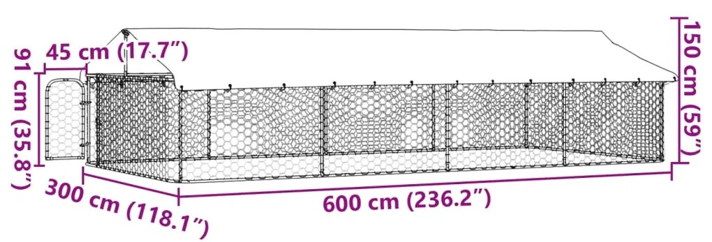 Κλουβί Σκύλου Εξωτερικού Χώρου 600 x 300 x 150 εκ. με Στέγαστρο - Ασήμι