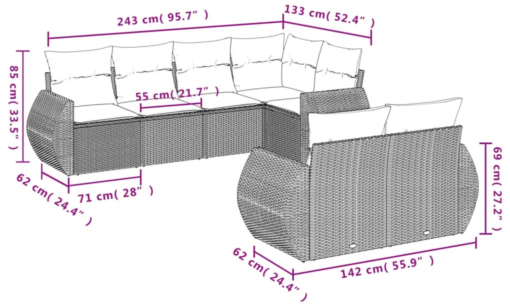 vidaXL Σαλόνι Κήπου Σετ 7 Τεμαχίων Καφέ Συνθετικό Ρατάν με Μαξιλάρια