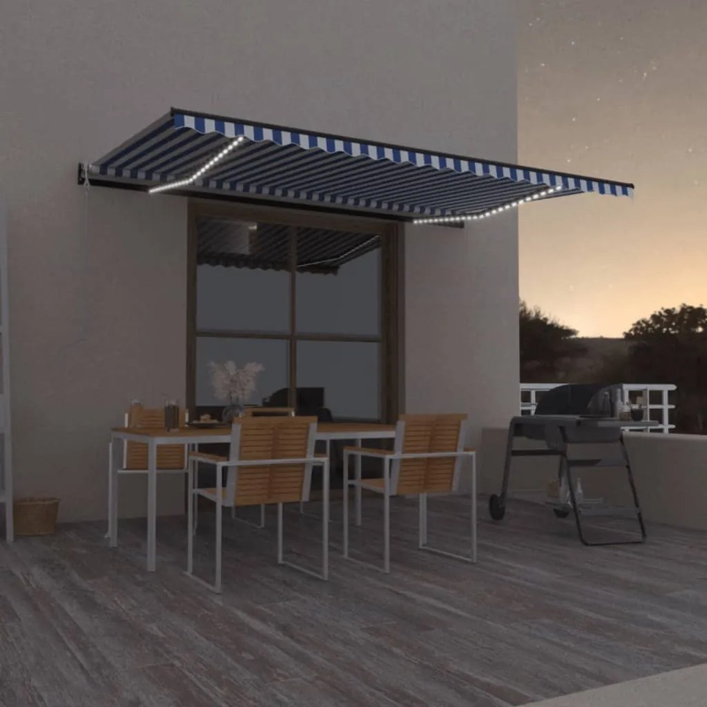 vidaXL Τέντα Αυτόματη με Αισθητήρα Ανέμου &amp; LED Μπλε/Λευκό 500x300 εκ.
