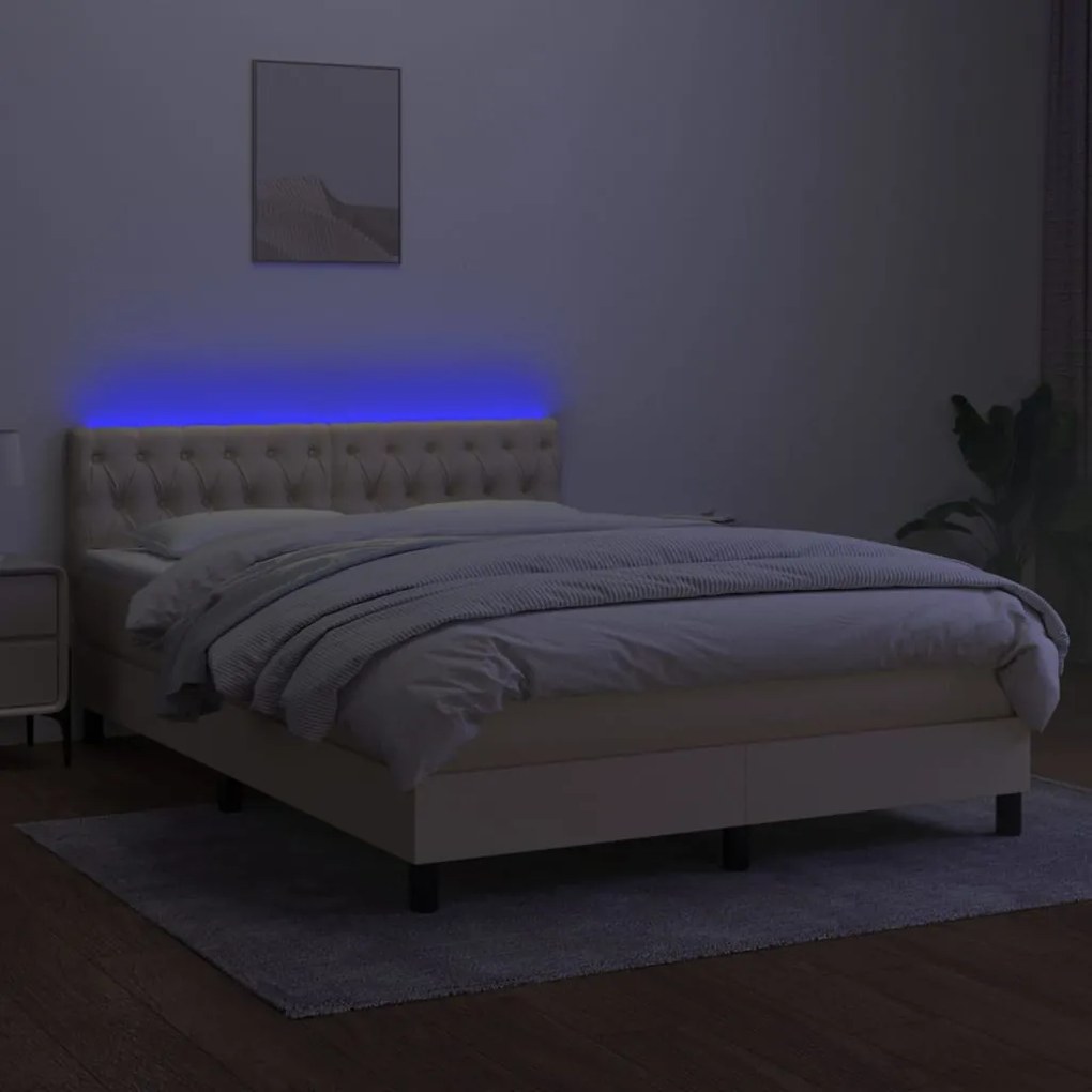 Κρεβάτι Boxspring με Στρώμα &amp; LED Κρεμ 140x190 εκ. Υφασμάτινο - Κρεμ