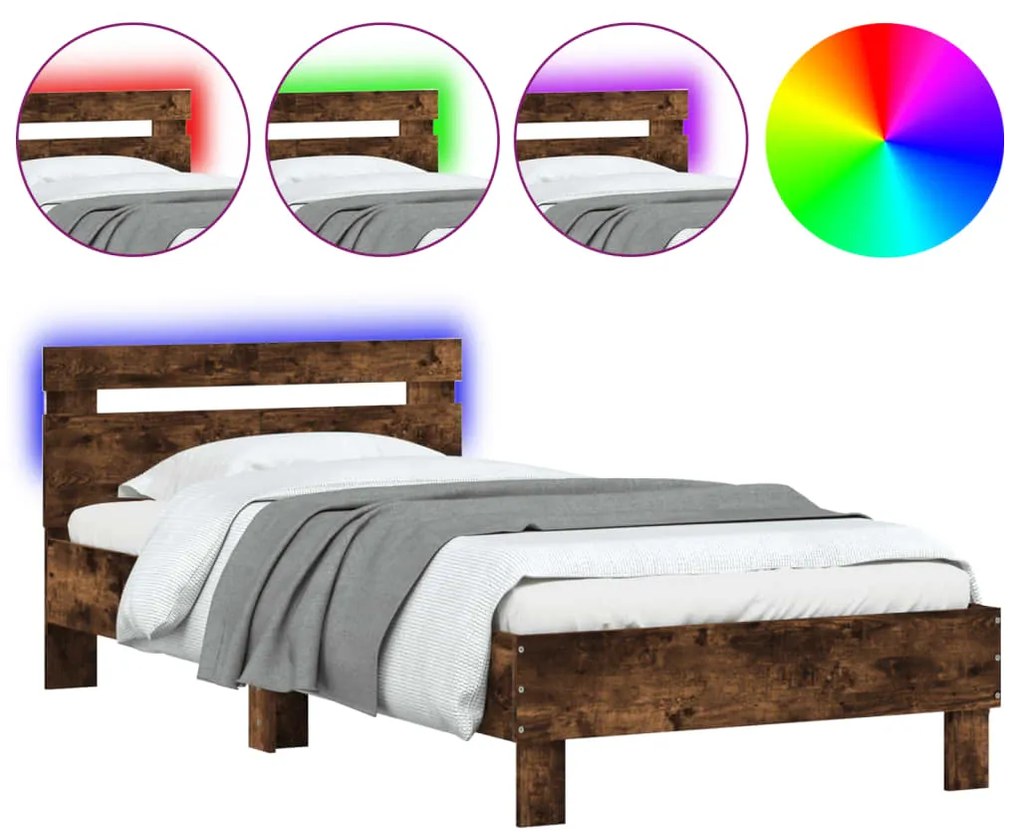 vidaXL Πλαίσιο Κρεβατιού με Κεφαλάρι/LED Καπν. Δρυς 100x200 εκ.