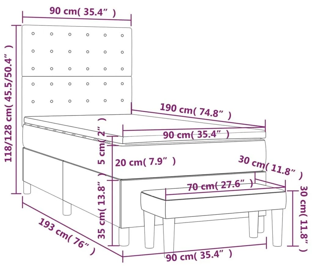 Κρεβάτι Boxspring με Στρώμα Taupe 90x190 εκ.Υφασμάτινο - Μπεζ-Γκρι