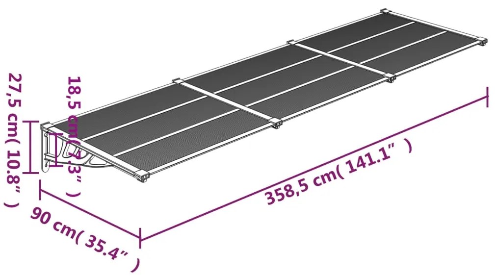 vidaXL Στέγαστρο Πόρτας Μαύρο & Διαφανές 358,5x90 εκ από Πολυκαρβονικό