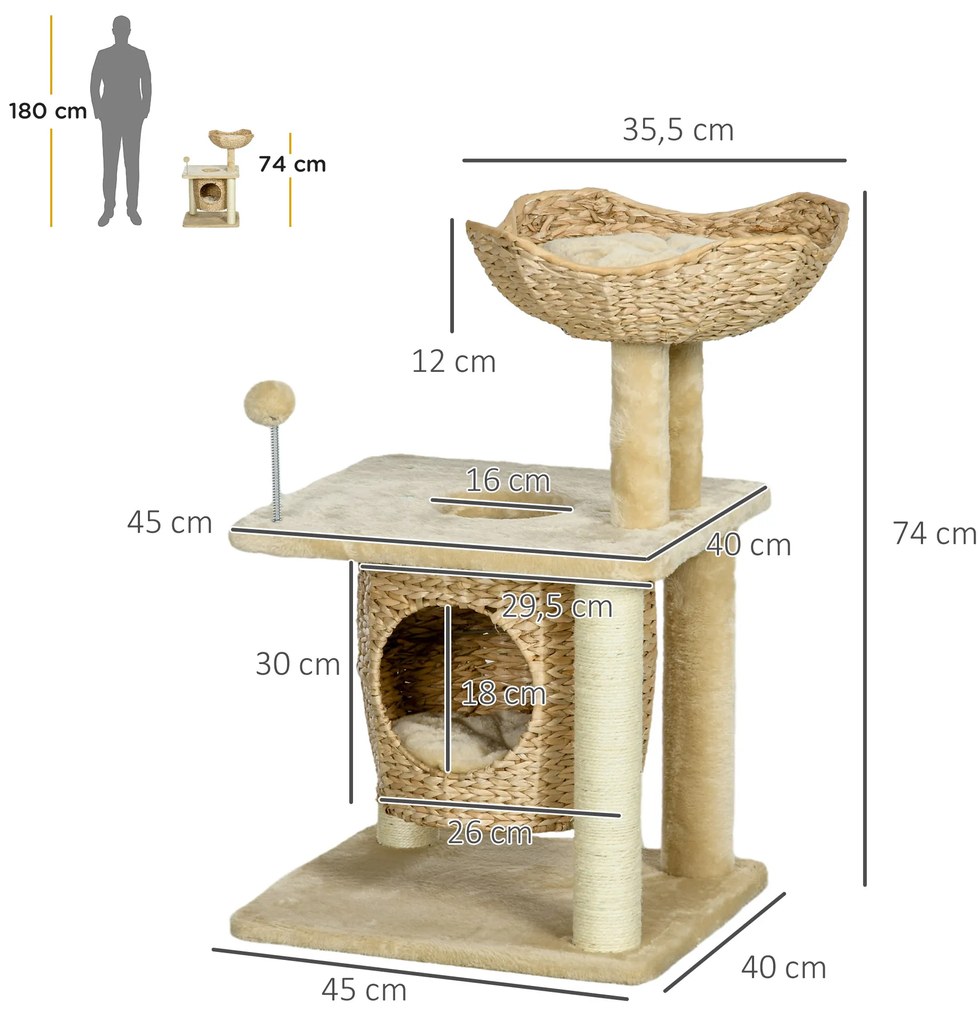 PawHut Δέντρος γάτας με σπηλιά, πλατφόρμα ύπνου, μπάλα παιχνιδιού, 45x40x74cm, Μπεζ