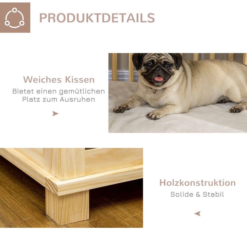 PawHut Κλουβί σκύλου με κλειδαριά και μαξιλάρι, 82,5 cm x 57 cm x 72 cm, φυσικό ξύλο + κρεμ λευκό