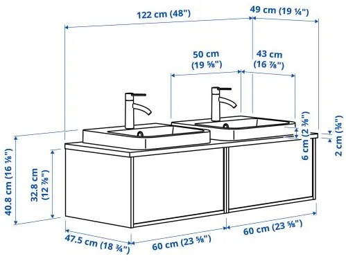 ANGSJON/BACKSJON έπιπλο νιπτήρα/νιπτήρες/μπαταρίες, 122x49x41 cm 595.286.03