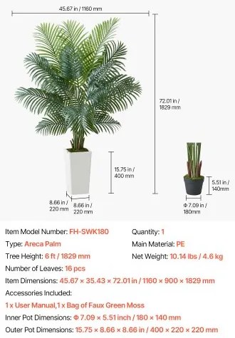 VEVOR 1829 mm Artificial Areca Palm Tree Faux Plant in Pot for Home Office