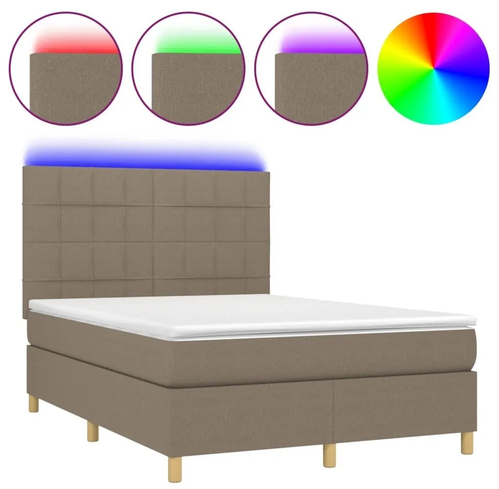 Κρεβάτι Boxspring με Στρώμα &amp; LED Taupe 140x200 εκ. Υφασμάτινο - Μπεζ-Γκρι