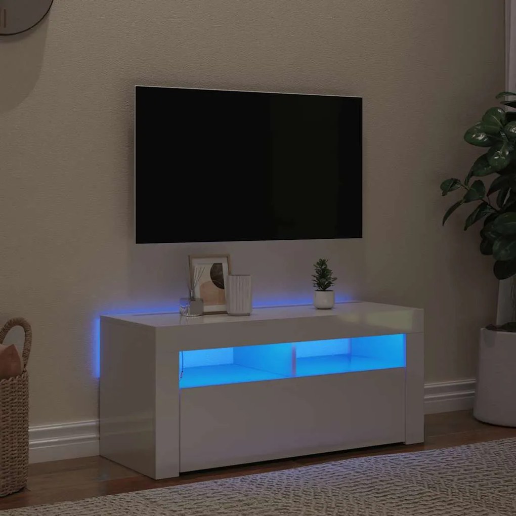 vidaXL Έπιπλο Τηλεόρασης με LED Γυαλιστερό Λευκό 90x35x40 εκ.