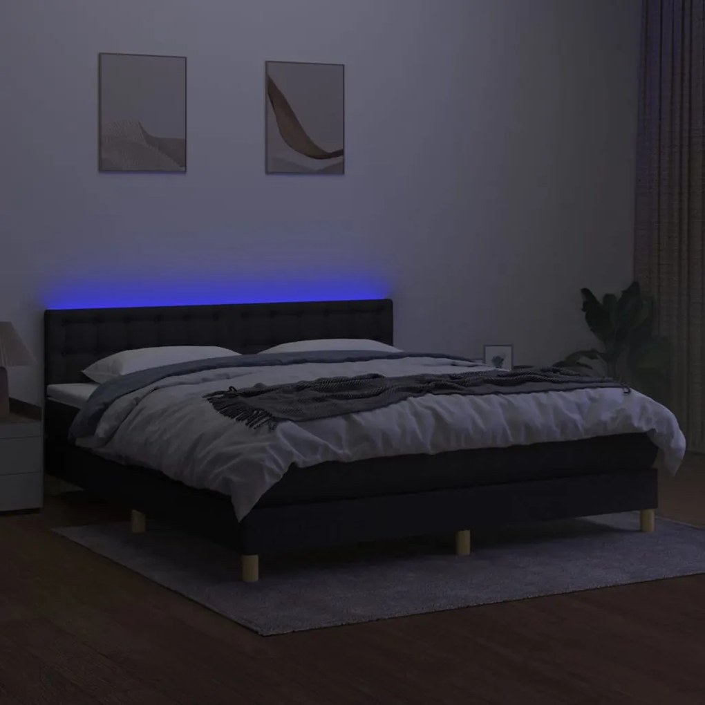 Κρεβάτι Boxspring με Στρώμα &amp; LED Μαύρο 180x200 εκ. Υφασμάτινο  - Μαύρο