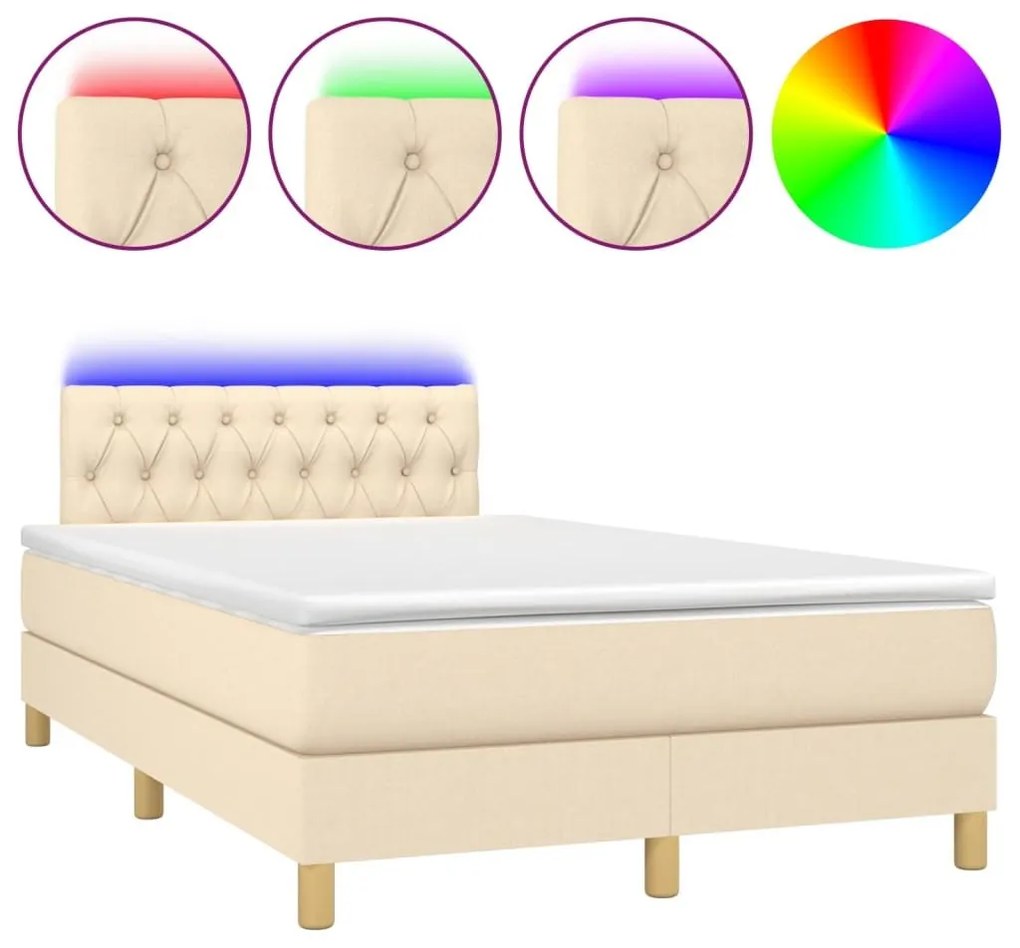 Κρεβάτι Boxspring με Στρώμα &amp; LED Κρεμ 120x200 εκ. Υφασμάτινο - Κρεμ