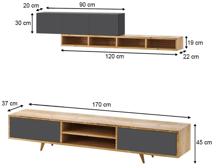 Σύνθεση τηλεόρασης Serine Megapap χρώμα sapphire oak - ανθρακί 170x37x45εκ.