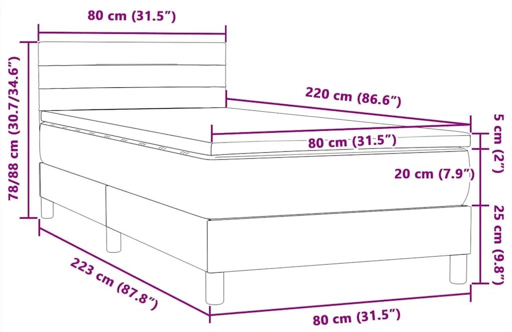 Box Spring κρεβάτι με στρώμα ανοιχτό γκρι 80x220 cm Βελούδινο - Γκρι